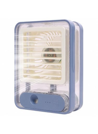 Portable mini misting fan with 3 different speeds, equipped with a 280ml water tank and an 800mAh battery; a rechargeable personal fan with a USB port and LED light.