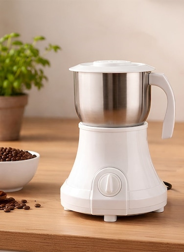 A versatile electric coffee grinder with a 200g capacity and 600W power, featuring sharp stainless steel blades, a stainless steel bowl, and a transparent lid. Ideal for grinding grains, coffee beans, and nuts.