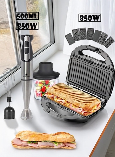 2 in 1 Set of 850W 500ml Multifunctional Portable Electric Blender, 7 in 1 850W Sandwich Maker, Waffle Maker, Donut Maker and Snack Warmer