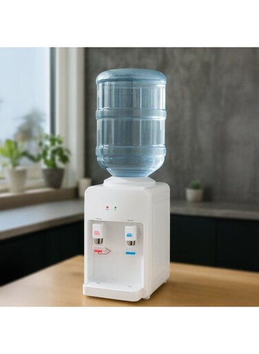 Hot and cold water dispenser with a removable top cover for securing a water bottle; 550W heating and 70W cooling capacity; provides hot water to 95&deg;C and cold water to 15&deg;C; safety lock and indicator light.