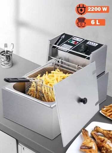 6L 2200W Stainless Steel Deep Oil Fryer with Frying Basket Strainer, Adjustable Temperature and Timer, Removable Oil Container