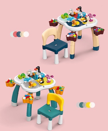 كيكيبي - طاولة مكعبات بناء على شكل زهرة البرقوق مع كرسي واحد، 100 قطعة مكعبات بناء - أخضر غامق