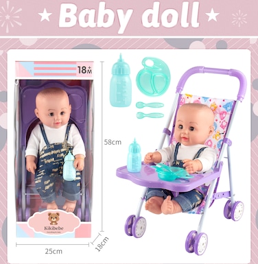 kikibebe 18 inch fat boy + purple stroller + bottle + dinner plate