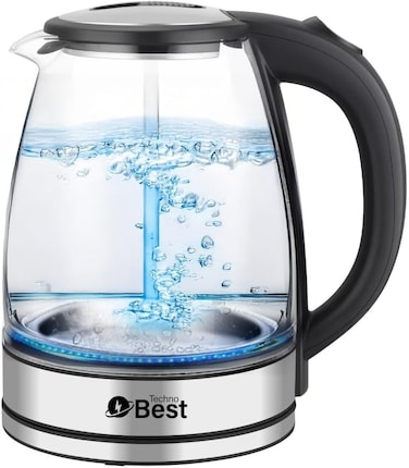 غلاية زجاجية كهربائية من تكنو بيست، سعة 1.8 لتر، هيكل شفاف مع زخرفة من الستانلس ستيل، ايقاف تلقائي، اضاءة LED، 1500 واط BGK-005