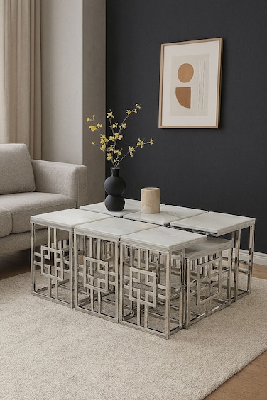 1+6 Marble Serving Table Set - Silver