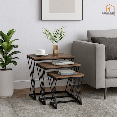 طقم طاولات خدمة خشب- بني -3 قطعة