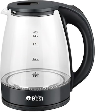 غلاية زجاجية كهربائية من تكنو بيست، سعة 1.8 لتر، هيكل شفاف، اغلاق تلقائي، تصميم مضاد للانزلاق، حماية من الغليان الجاف، 1500 واط، موديل BGK-004