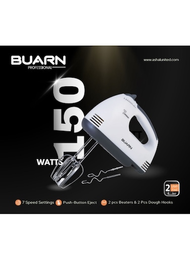 Buarn Professional Hand Mixer With 7 Adjustable Speeds, 150W Full Copper Motor, Overheat Protection, Push-Button Eject, Beaters And Dough Hooks Included, MK-T15A
