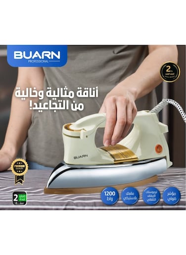 Buarn Professional 1200W Dry Heavy Iron (2 Kg), NI-A201 With Non-Stick Gold Ceramic Coating Soleplate, Auto Off Thermostat, Silver Chrome Plated Metal Cover, And Plastic Handle, 220-240V, 50/60Hz