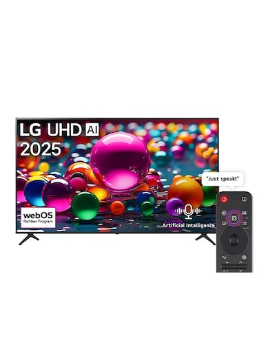تلفزيون إل جي الذكي 75 بوصة UHD AI UA85 4K، 60 هرتز، معرف صوتي AI، بحث AI، HDR10 Pro Home Hub، WebOS25، موديل عام 2025، 75UA85006LA أسود