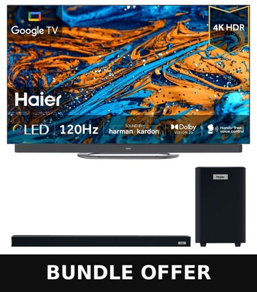 HAIER TV,OLED,65Inch, (SMART AI-4K UHD - Google TV - Gaming 120Hz - HDMI 2.1, Bluetooth 5.1 - Dolby Vision and Audio - HDR10), H65C900UX + Free gift Haier Sound Bar With Subwoofer, HSD3A040B, Black