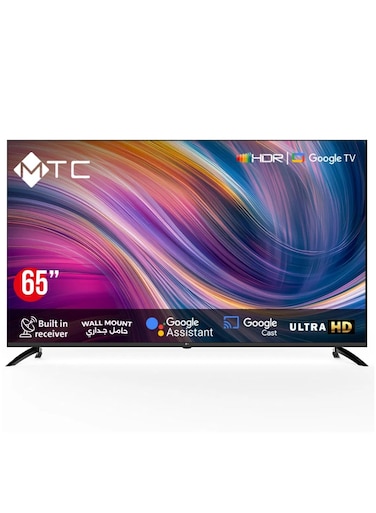 شاشة ذكية ام تي سي نظام تشغيل جوجل تي في عالي الوضوح UHD، مقاس 65 بوصة، مع ريسيفر مدمج، ومساعد جوجل، مع حامل جداري - موديل MT65UH450GO