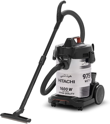 مكنسة كهربائية بحاوية أسطوانية بقوة 1600 واط، سعة كبيرة 25 لتر، مزودة بمنفاخ وتحكم في الشفط، فلتر قماشي، عصا تلسكوبية قابلة للتمديد مع أدوات متعددة للأسطح من هيتاشي، باللونين الأسود والأبيض