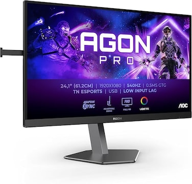 AOC Agon Pro AG246FK - 24.1-inch FHD Gaming Monitor, 540Hz, 0.5ms, FreeSync Premium, Comp. G-Sync, HDR400 (2X HDMI, DisplayPort, USB Hub) Black/Grey