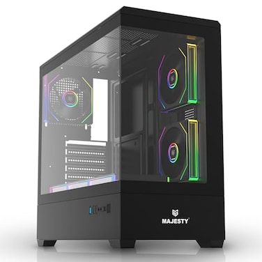 صندوق كمبيوتر ماجيستي ميد تاور رعد برو، 6 مراوح ARGB إنفينيتي 120 ملم مثبتة مسبقًا لتدفق هواء فعال، دعم ATX، يدعم مبرد مائي 360mm، منافذ 2×USB 3.0، ريموت تحكم، أسود