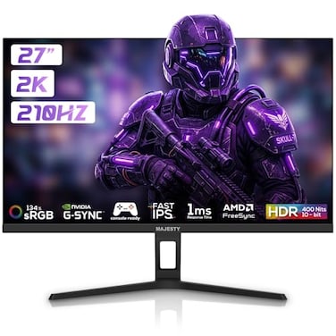 Majesty 27" 2K QHD Gaming Monitor, FAST ULTRA IPS, 210Hz, 1ms, HDR400 Ready, 134% sRGB, 10-Bit, G-SYNC &amp; FreeSync, HDMI &amp; DisplayPort, VESA, Built-in Speakers, Flexible Stand