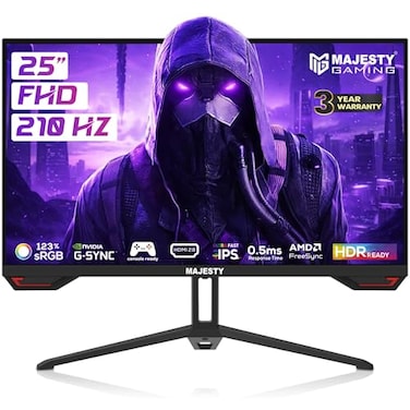 ماجيستي شاشة العاب 24.5 انش FHD 1920x1080، IPS، 210Hz، 0.5 مللي ثانية، HDR، 123% sRGB، جي سينك & فري سينك، مكبرات صوت مدمجة، منفذ عرض وHDMI، فيسا، حامل مرن