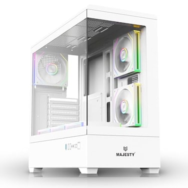 صندوق كمبيوتر ماجيستي ميد تاور رعد برو، 6 مراوح ARGB إنفينيتي 120 ملم مثبتة مسبقًا لتدفق هواء فعال، دعم ATX، يدعم مبرد مائي 360mm، منافذ 2×USB 3.0، ريموت تحكم، أبيض