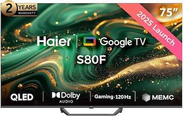 تلفزيون هاير الذكي 75 بوصة 4K QLED، ألعاب بسرعة 120HZ، تقنية دولبي فيجن وأتموس، MEMC/VRR/ALLM   2 2 ذاكرة رام وروم 32GB، يدعم كروم كاست   HDMI 2.1   تصميم جيد بدون حواف - H75S80FUX، أسود