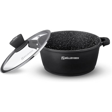 Muller Koch Cooking Pot with Glass Lid, 36 Cm 13.4 Liter, Die-Cast Aluminum German Nonstick Marble Granite Coating, PFOA FREE - MK-5010