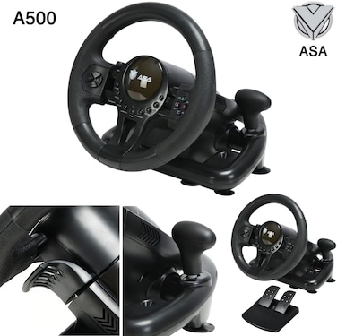 عجلة التحكم في سباقات السيارات ايه اس A500 دوران 180 درجة مكونة من قيادة ودواسات مزودة بمنفذ يو بي عمومي ملائمة لالعاب الكمبيوتر وPC, PS3, PS4, Xbox One, نينتيندو سويتش اسود، USB
