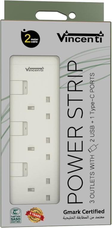 Vincenti 3UK Plug Outlets, 2 Meter With USB C, White