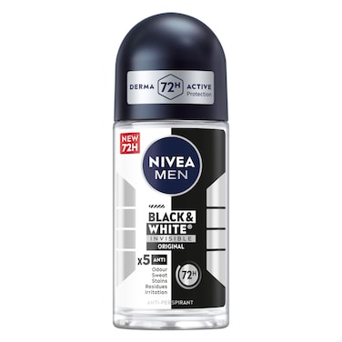 NIVEA MEN Antiperspirant Roll-on for Men, 48h Protection, Black &amp; White Invisible Original, 50ml