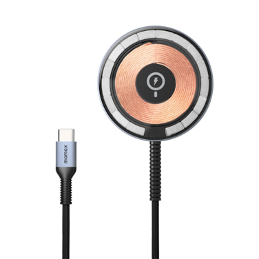 شاحن لاسلكي موماكس بتقنية كيو ماج 2 المتوافقه مع تقنية الماج سيف بقوة 15 واط وسلك مدمج بطول 1.2م - رمادي