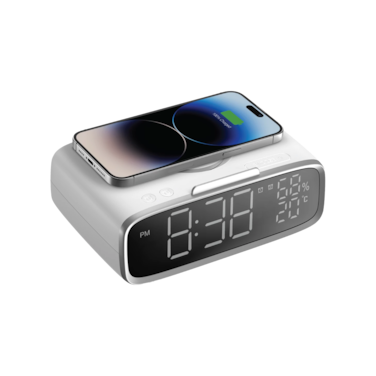 مكبر صوت وشاحن لاسلكي وساعة موماكس مع إضاءة ليلية ومنبة QC5W - أبيض