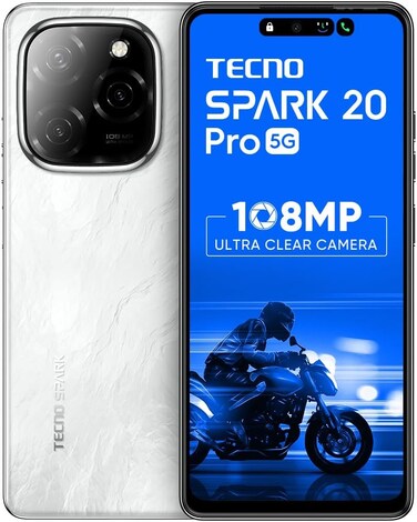 TECNO Spark 20 PRO 5G (Glossy White, 8GB+256GB)  108MP Ultra Clear Imaging   Super Ellipse Design   MTK D6080 5G Processor   6.78" 120Hz LTPS LCD Display   5000mAh Battery with 33W Charger