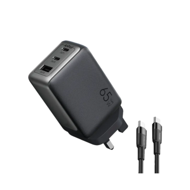 Oraimo Wall Charger HyperGaN 2 USB-C and USB Ports 65W With USB-C Cable - Black