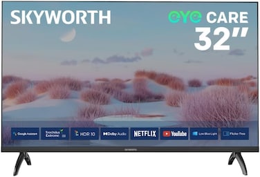 تلفزيون LED ذكي لسنة 2025 دقة عالية بنظام اندرويد وصوت دولبي مع مساعد جوجل HDR10 وتطبيقات نتفليكس ويوتيوب ومزود بمنفذي HDMI ومنفذ USB استقبال البث الرقمي DVB-T2/C من سكاي ورث، مقاس 32 بوصة، E5300H