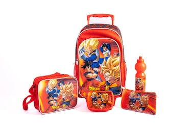 طقم مدرسي دراغون بول مكون من 5 قطع مع حقيبة بعجلات مقاس 18 بوصة، وحقيبة غداء، ومقلمة، وزجاجة مياه، وصندوق غداء