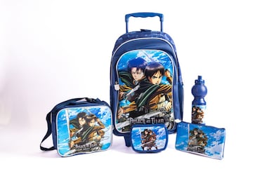 مجموعة حقائب بعجلات ATTACK ON TITAN مقاس 18 بوصة مع حقيبة غداء ومقلمة وزجاجة مياه وصندوق غداء - أزرق