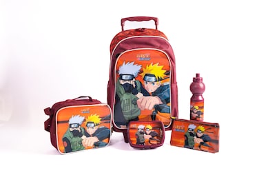 Naruto 18" Trolley Bag Set With Lunch Bag, Pencil Case, Water Bottle &amp; Lunch Box &ndash; Maroon
