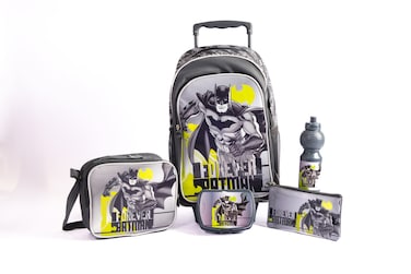 Batman 18" 5-In-1 School Trolley Set With Lunch Bag, Pencil Case, Water Bottle &amp; Lunch Box &ndash; Dark Grey