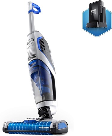 Hoover ONEPWR Floormate JET Cordless Hard Floor Vacuum Cleaner Machine, Upto 30 Min Runtime, 3 Stage Filtration 3 In 1 Multi-Surface, Wash, Vac, &amp; Dry CLHF-GLME, White/Blue