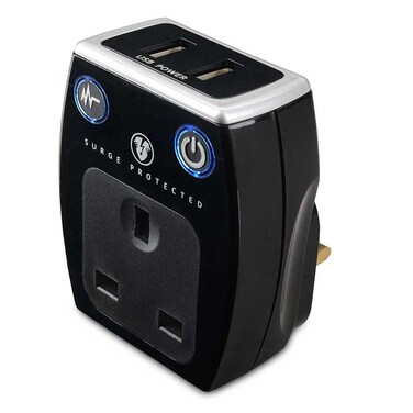 Masterplug USB Wall Socket Surge Protection Adapter 1 Socket With 2 USB Charging Ports Black