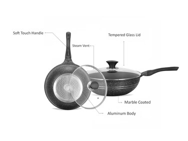 Sonex Eden 30cm Die-Cast Wok Pan with Marble Coating &amp; Glass Lid