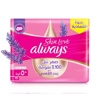 Always Skin Love, Up to Zero Wetness 100% Softness, Maxi Thick, 50 Pads