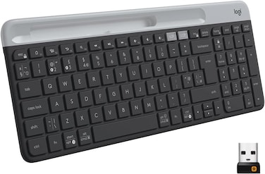 Logitech K580 Slim Multi-Device Wireless Keyboard - Bluetooth/Receiver, Compact, Easy Switch, 24 Month Battery, Win/Mac, Desktop, Tablet, Smartphone, Laptop Compatible, Arabic, Graphite