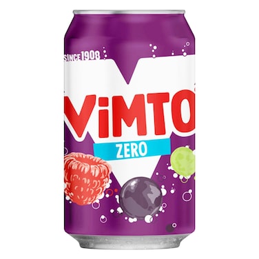 VIMTO - Zero Fizzy Mixed Fruit Juice Flavoured Soft Drink Can, No Added Sugar 300ML
