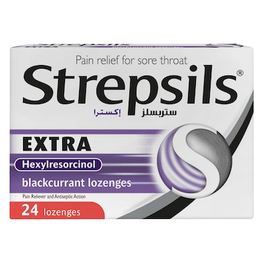 Strepsils Extra Blackcurrant, Pain Relief For Sore Throats, 24 Lozenges