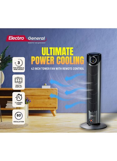 Electro General Tower Fan With 3 Speed Settings, 45W 80&deg; Oscillation, Digital Display, Quiet Operation, Portable Design With Carry Handle, 12-Houres Timer, 220-240V~ 50-60Hz, FTW-806R