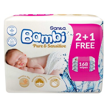 Sanita Bambi Baby Wipes Pure And Sensitive 56 Pieces x2 +1
