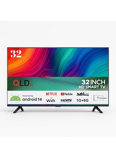 تلفزيون QLD الذكي بتقنية DLED بدون إطار، مقاس 32 بوصة، يعمل بنظام Android 14، بدقة HD، ونسبة تباين 3000:1، وزاوية مشاهدة واسعة - QLDT-32S1