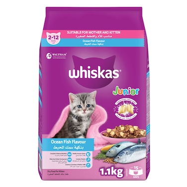 ويسكاس اكل قطط جاف بطعم سمك المحيط مع الحليب للقطط من سن 2 إلى 12 شهرًا،ا، كيس 1.1 كغ