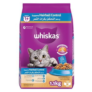 ويسكاس أكل قطط جاف للتحكم في كرات الشعر، بالدجاج والتونة، كيس 1.1 كغ