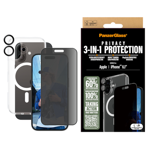 مجموعة حماية PanzerGlass 3 في 1 لهاتف iPhone 16 - شاشة عريضة للغاية وخصوصية