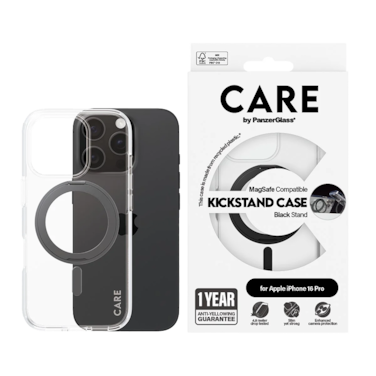 كفر حماية بانزر جلاس CARE مع حامل و يدعم تقنية الماج سيف ايفون 16 برو - شفاف أسود